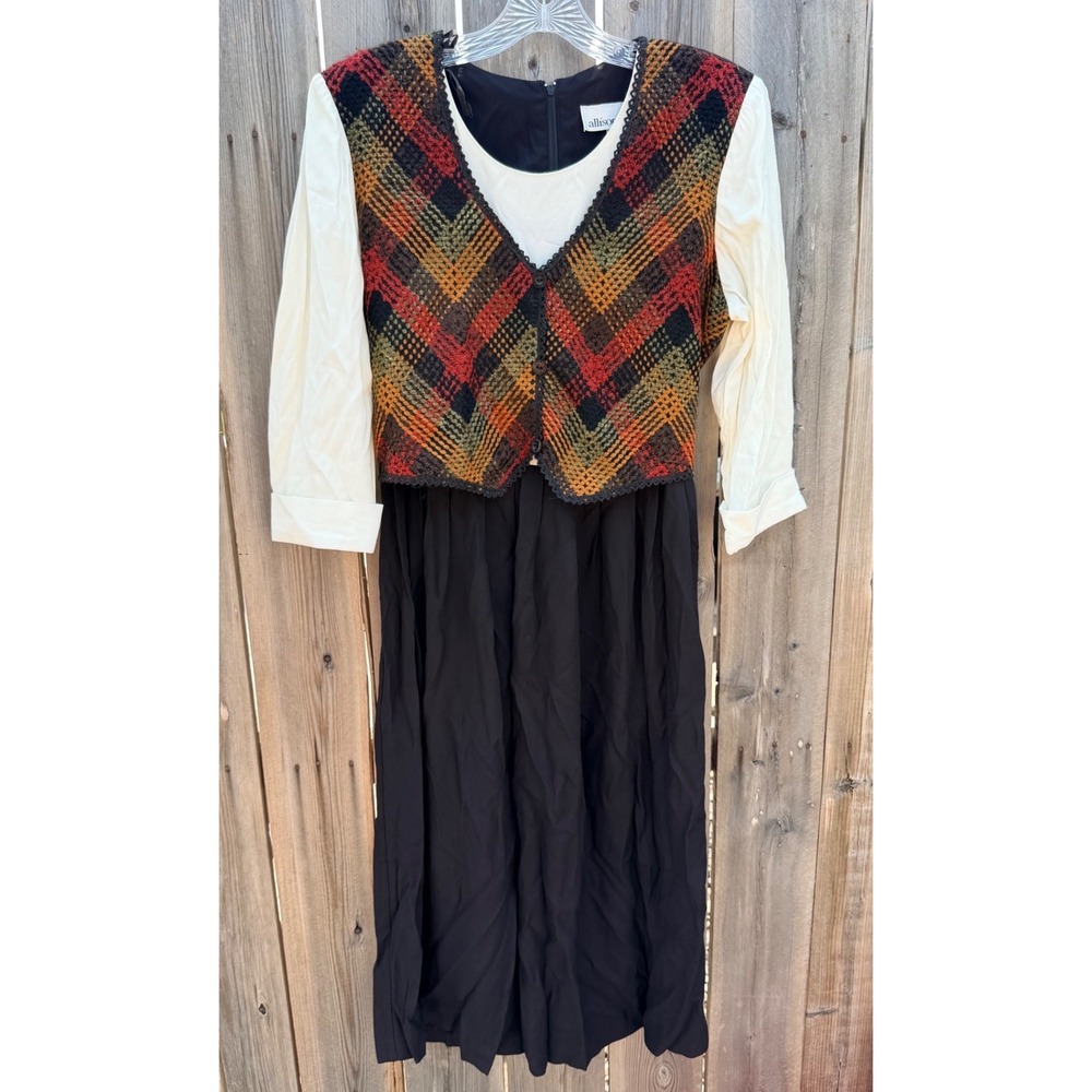 Allison-che Vintage 90s Layered Plaid Vest Midi Dress Black Ivory Size 12 USA